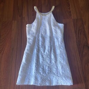 Lilly Pulitzer White Floral Crochet Dress 
Metallic Gold neckline Detail Size 2